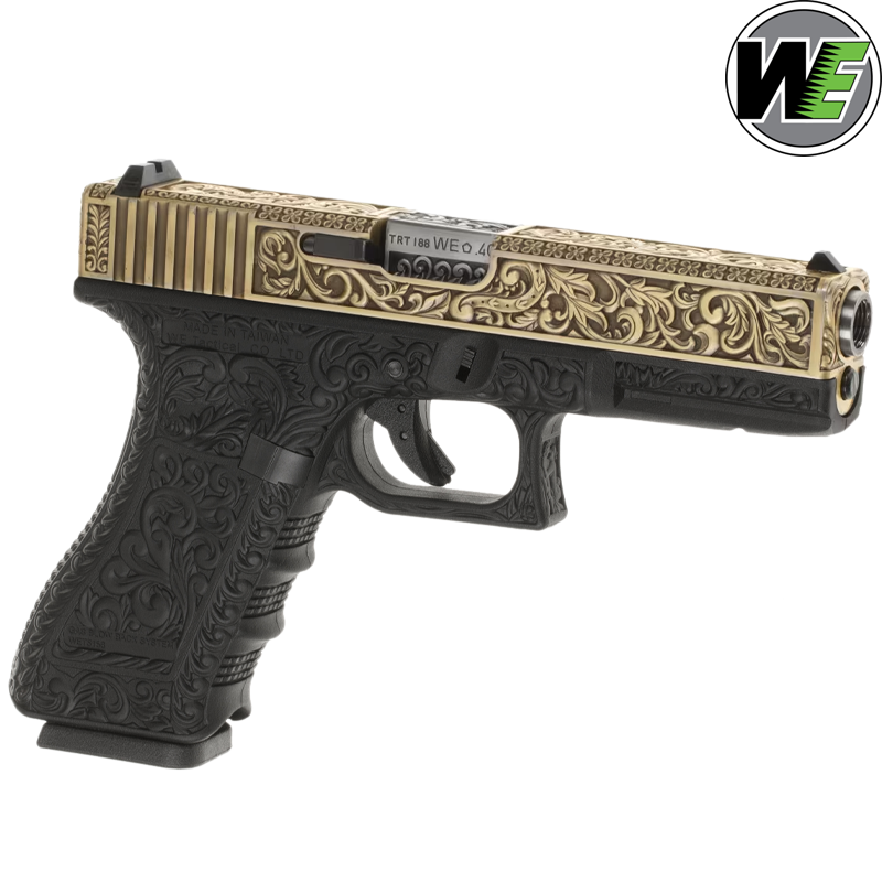 WE - Réplique G17 ETCHED, Floral Pattern, Blowback, Gold, Airsoft