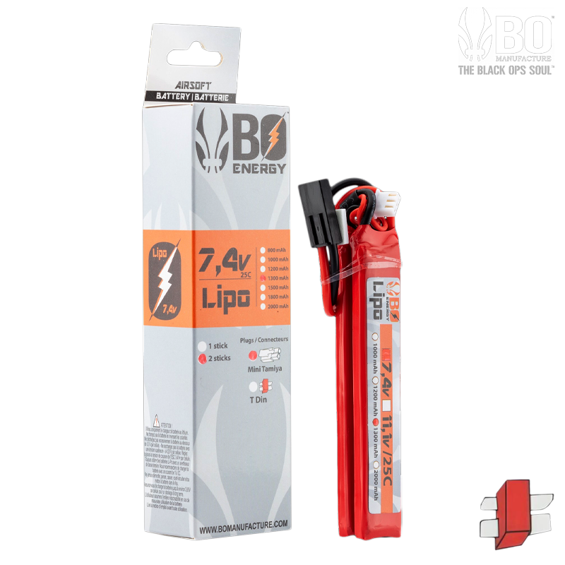 BO Energy - Batterie LiPo 7,4v 1300mah, 25C, 2 sticks, Cranestock, dean BO Energy - Batterie LiPo 7,4v 1300mah, 25C, 2 sticks, Cranestock, dean