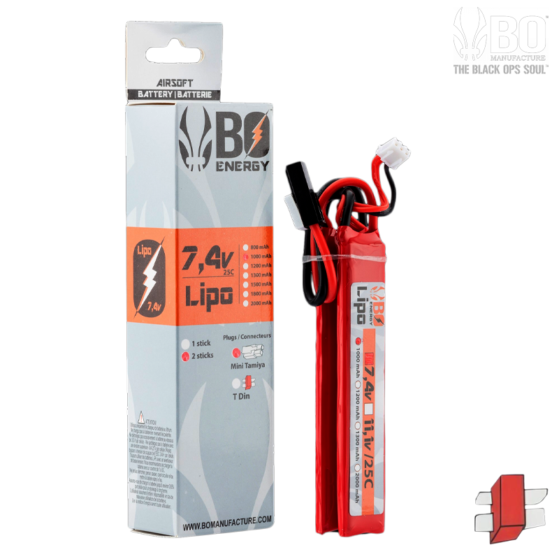 BO Energy - Batterie LiPo 7,4v 1000mah, 25C, 2 sticks, cranestock, dean - A63002T BO Energy - Batterie LiPo 7,4v 1000mah, 25C, 2 sticks, cranestock, dean - A63002T