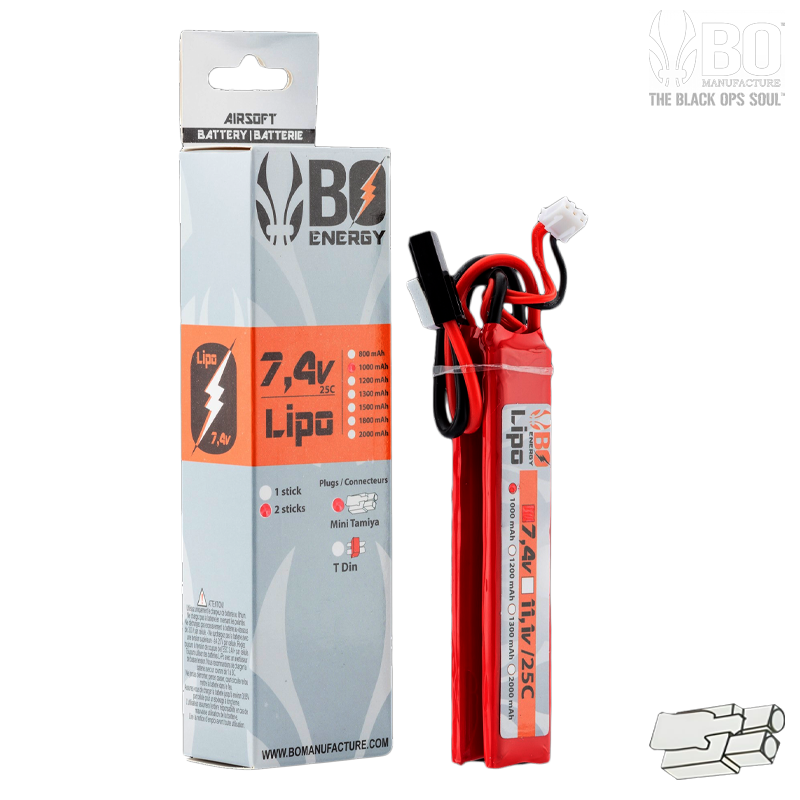 BO Energy - Batterie LiPo 7,4v 1000mah, 25C, 2 sticks, cranestock, tamiya - A63002