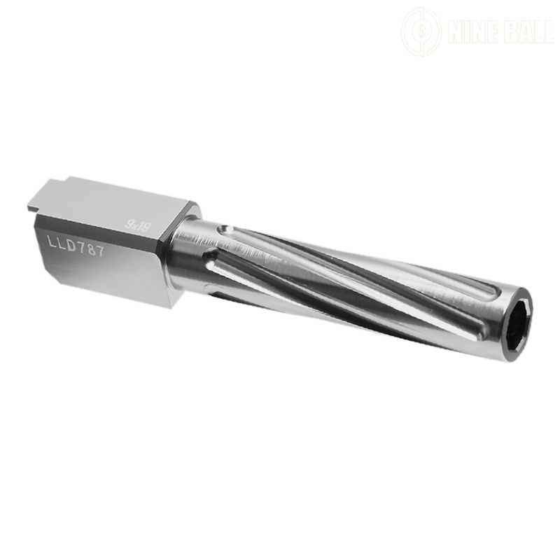 NINE BALL by LAYLAX - Outer Barrel "NON-RECOIL", FLUTED, Chromé, G19 Gen.3/4 TM NINE BALL by LAYLAX - Outer Barrel "NON-RECOIL", FLUTED, Chromé, G19 Gen.3/4 TM