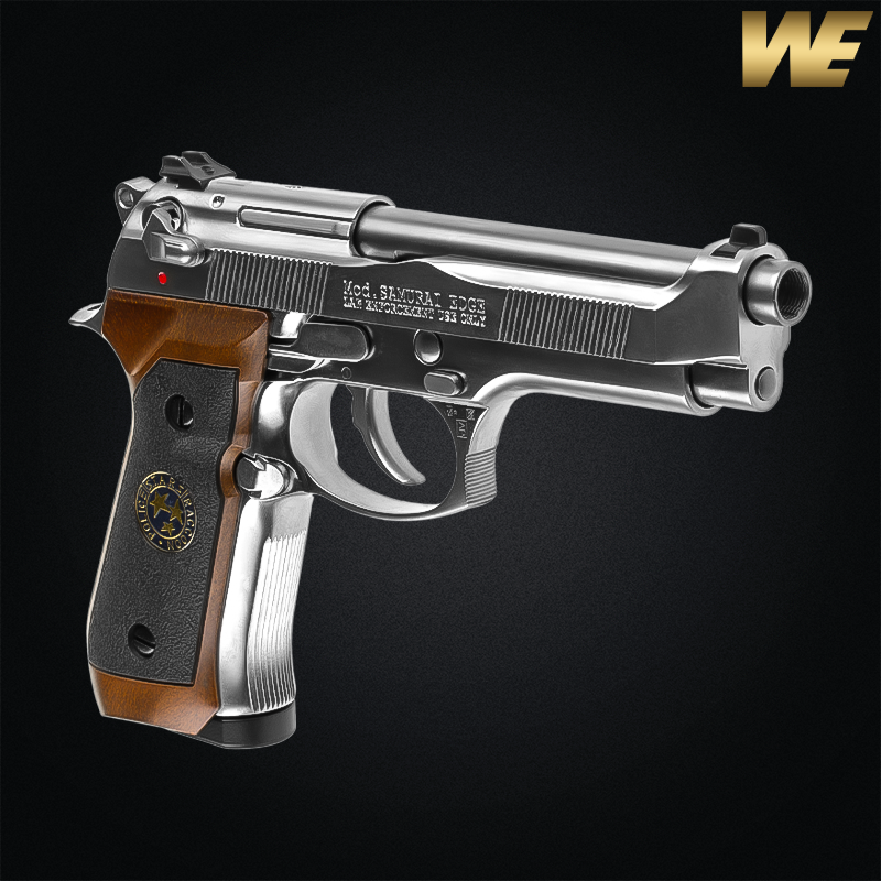 WE - Réplique M92 Samourai Edge, Biohazard, Green Gas, Blowback, chromé