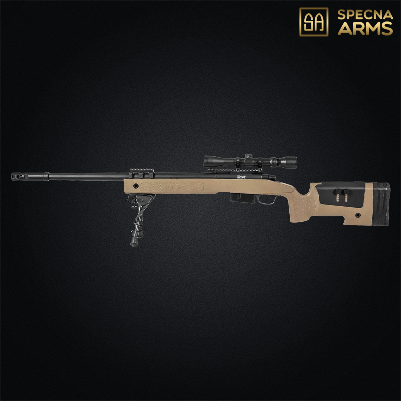 Replique fusil de sniper airsoft Specna Arms SA-S03 CORE tan avec lunette et bipied